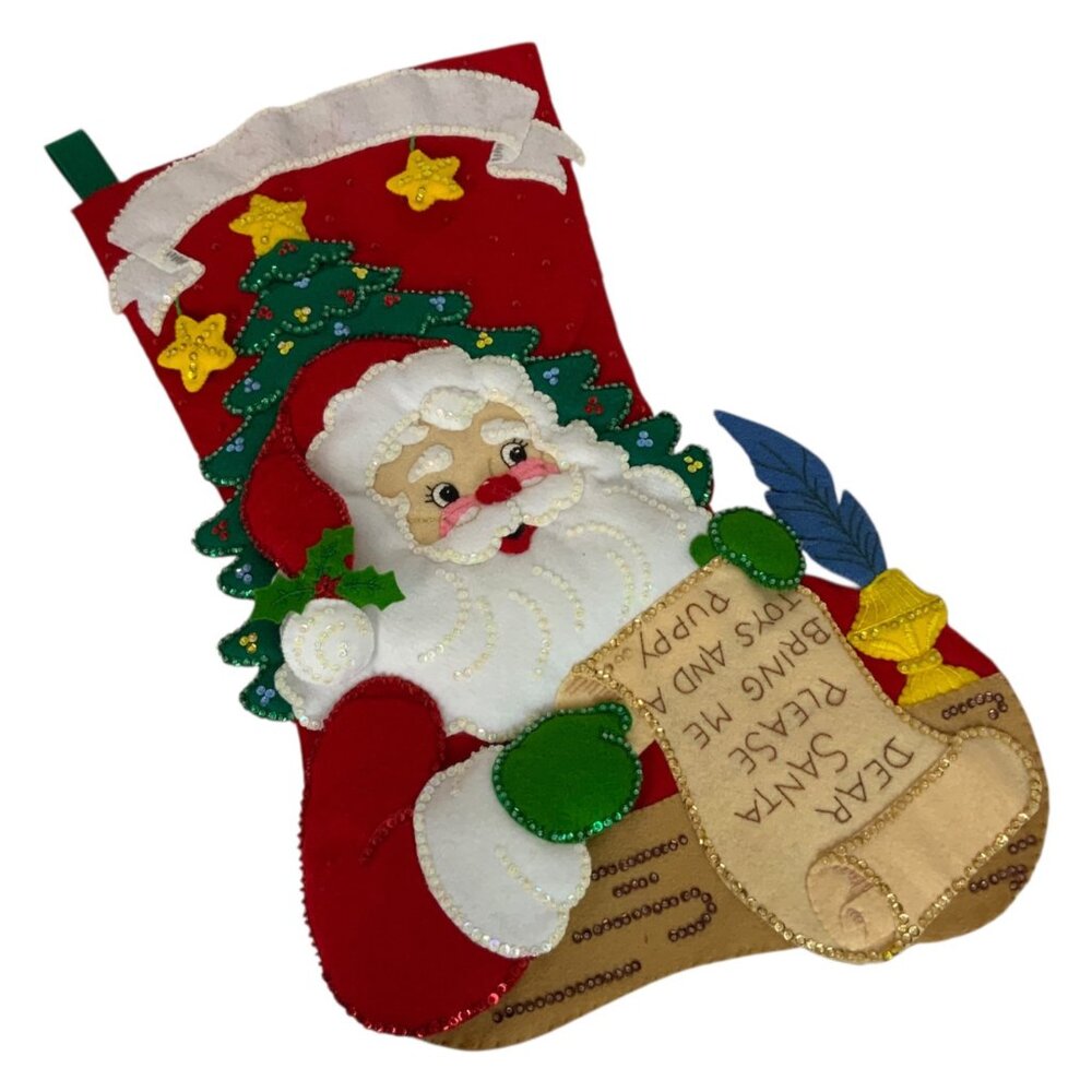Handmade Felt Christmas Stocking Santa's List Design Sequin Accents Bucilla